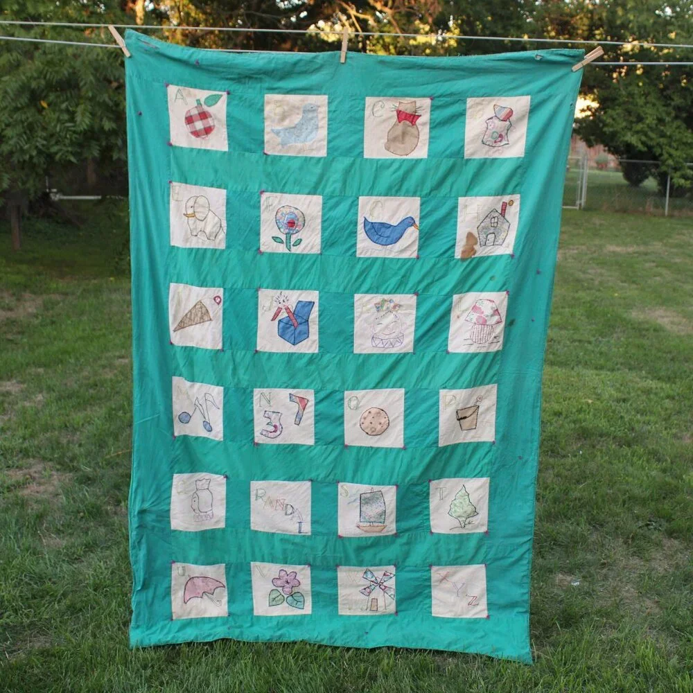 MCM Vintage Patchwork Quilt Farm House Alphabet Sampler Baby Child